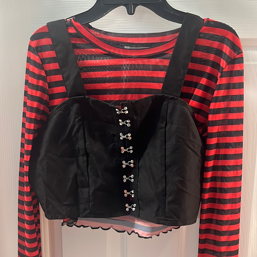 Sheer Black and Red Striped Crop Top with a Black Corset